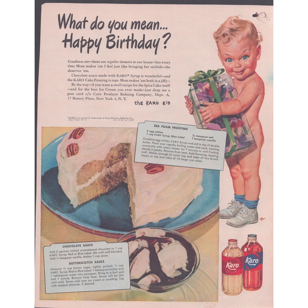 Vintage 1947 Karo Syrup Print Ad The Karo Kid Birthday Cake Recipes 10x13